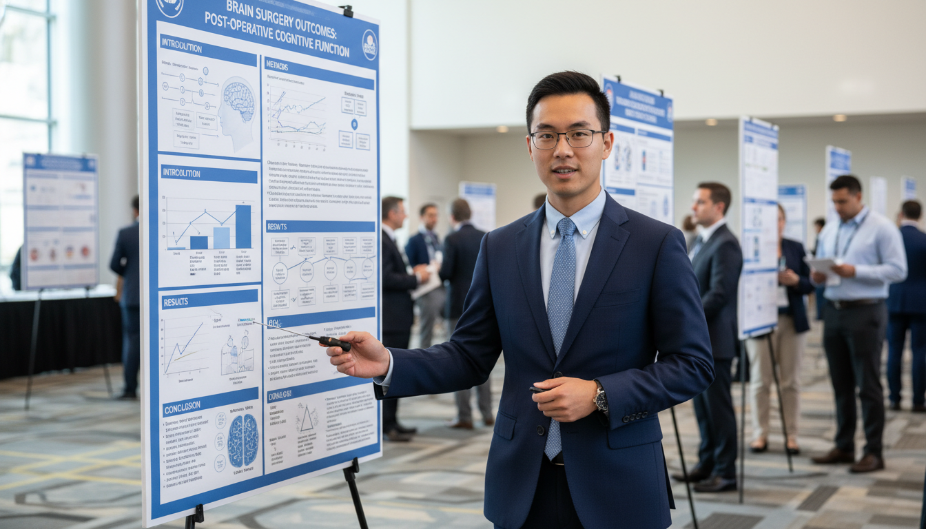 Neurosurgery resident presenting research poster at medical conference Neurosurgery resident presenting research poster at medical conference - MD graduate residency for CV Building for MD Graduat