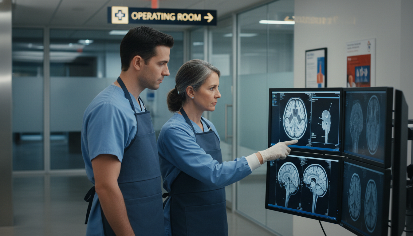 Neurosurgery resident and attending reviewing brain imaging before surgery - MD graduate residency for Common Interview Quest
