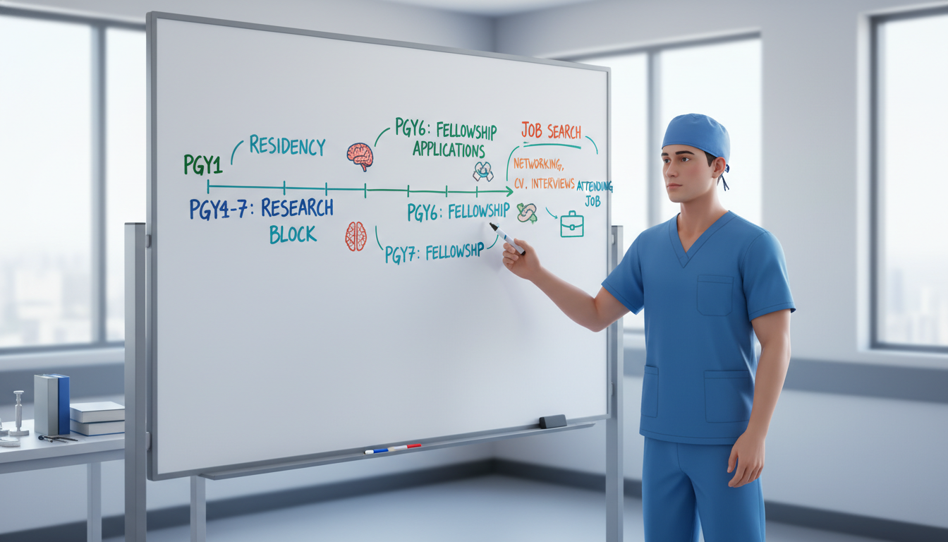 Neurosurgery resident reviewing long-term career timeline Neurosurgery resident reviewing long-term career timeline - MD graduate residency for Job Search Timing for MD Graduate in Ne