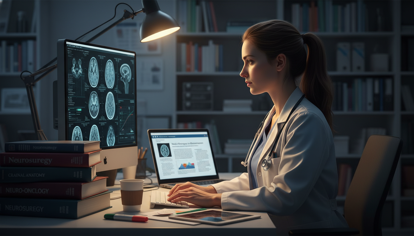 MD graduate working late on neurosurgery research to offset low Step scores - MD graduate residency for Low Step Score Strate