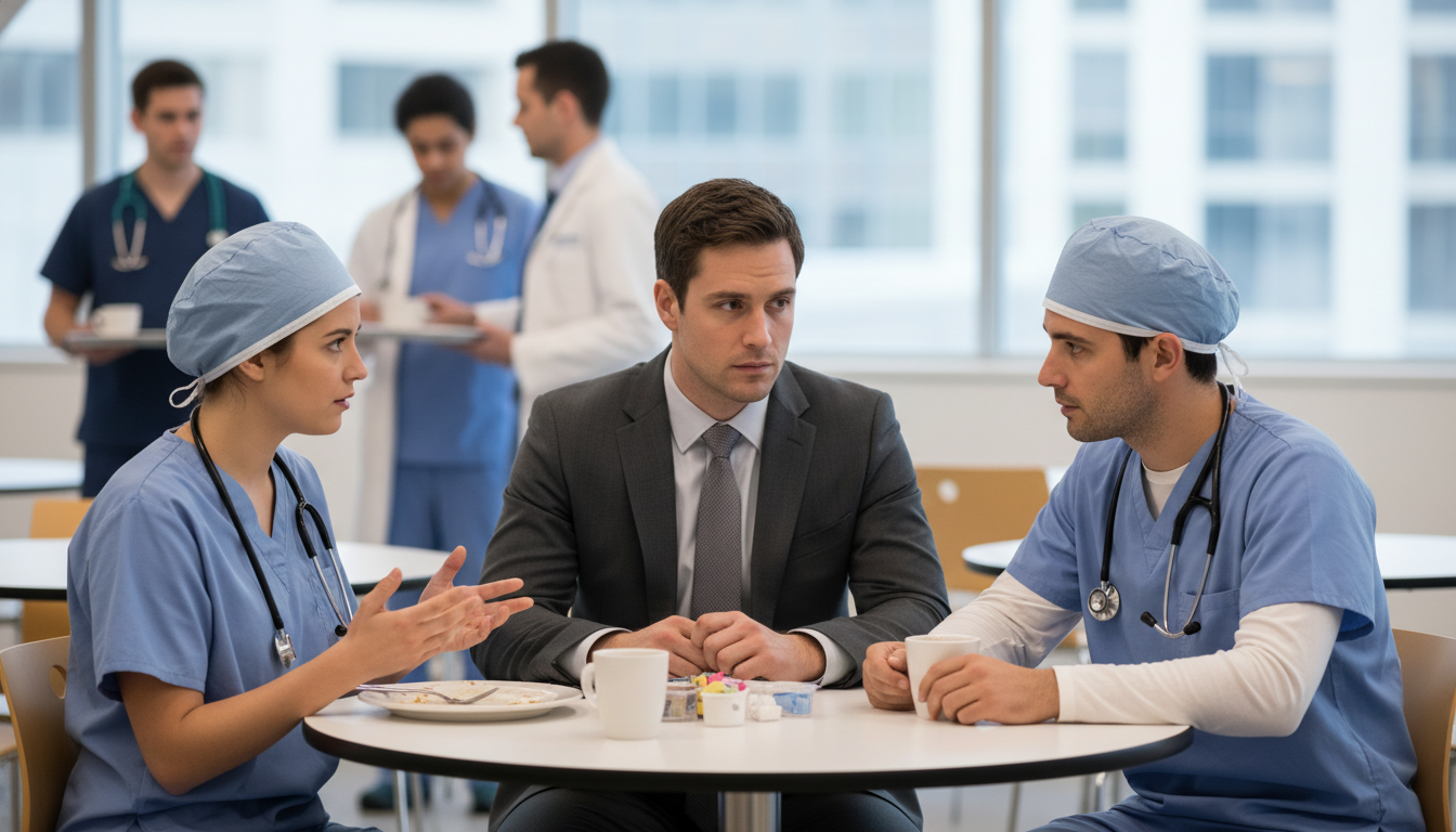 MD graduate talking privately with neurosurgery residents during interview day MD graduate talking privately with neurosurgery residents during interview day - MD graduate residency for Identifying Malign