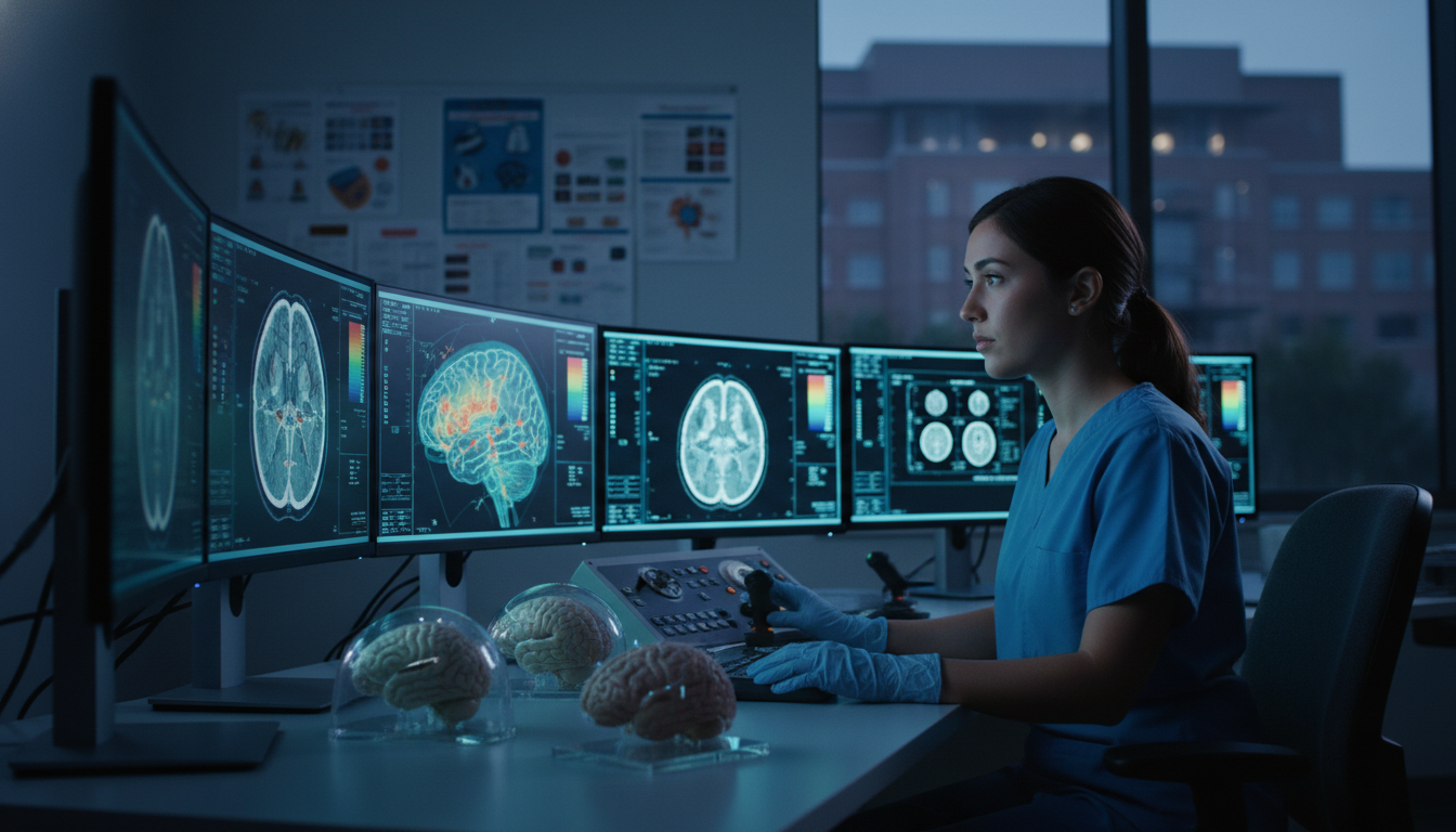 Neurosurgery resident in brain lab analyzing images Neurosurgery resident in brain lab analyzing images - MD graduate residency for Research During Residency for MD Graduate in