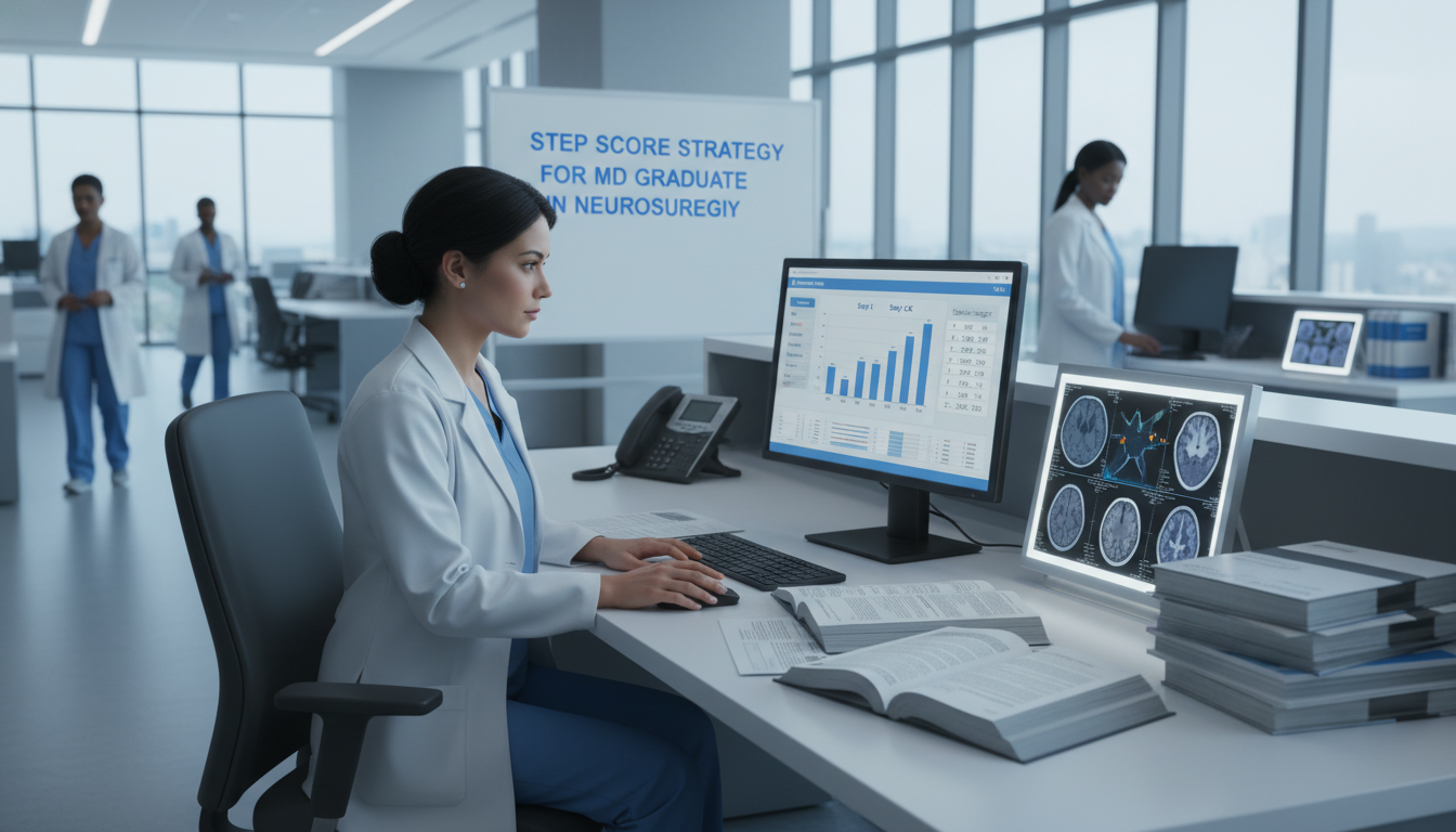 Neurosurgery resident analyzing Step score reports and research portfolio - MD graduate residency for Step Score Strategy for