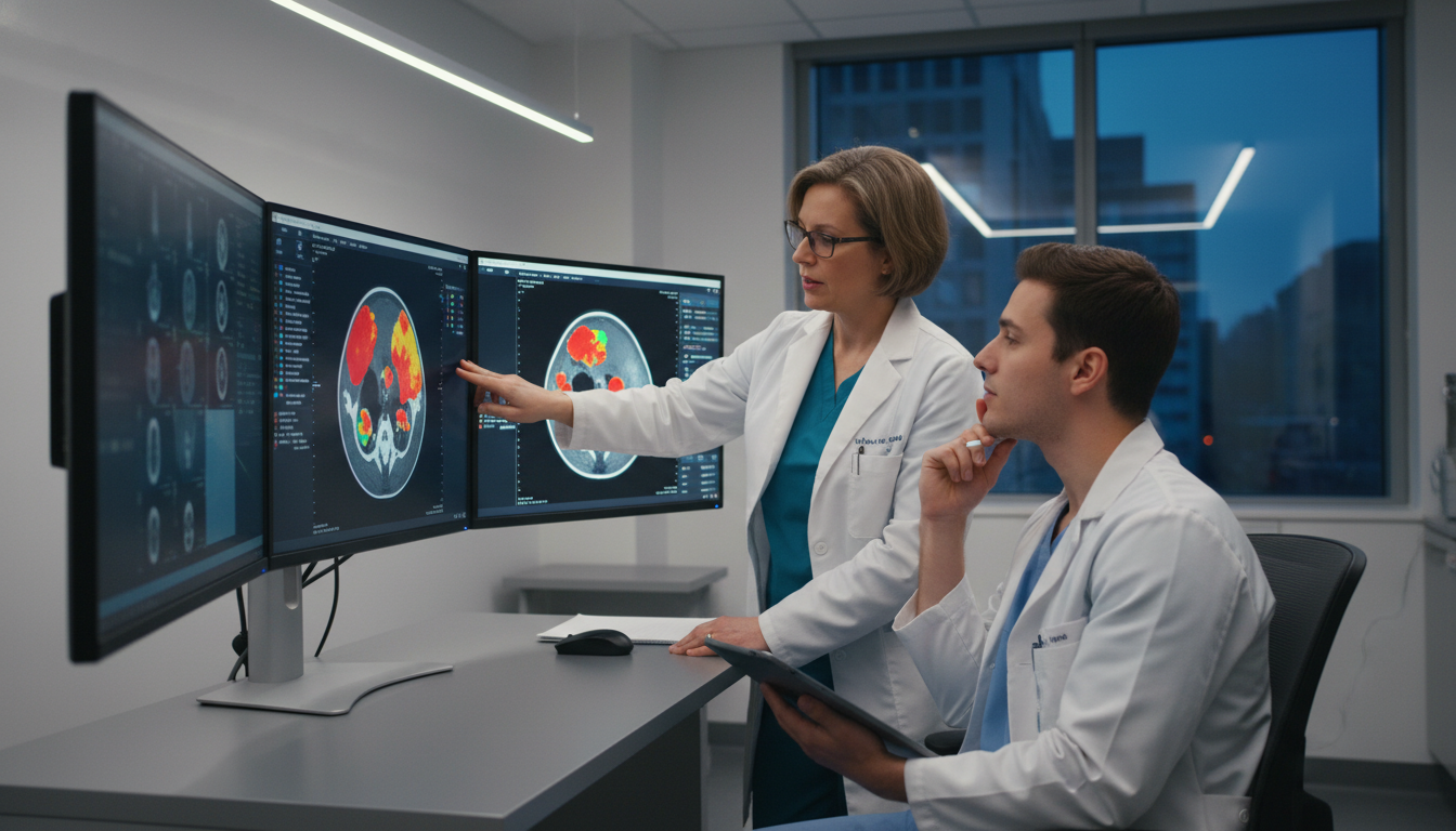 Nuclear medicine resident and mentor reviewing PET/CT images - MD graduate residency for Networking in Medicine for MD Gradua