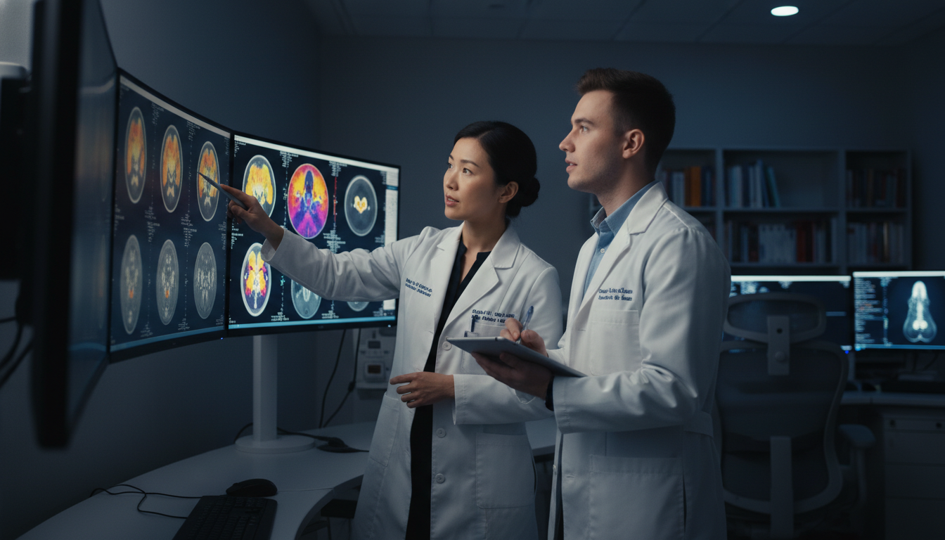 Nuclear medicine resident reviewing PET/CT scan with attending physician Nuclear medicine resident reviewing PET/CT scan with attending physician - MD graduate residency for Addressing Red Flags for