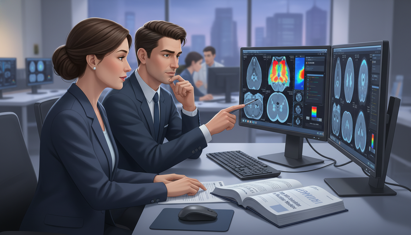 Nuclear medicine resident reviewing PET-CT scans with mentor - MD graduate residency for Step Score Strategy for MD Graduate
