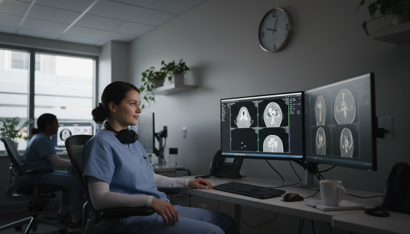 Nuclear medicine resident at workstation during typical workday Nuclear medicine resident at workstation during typical workday - MD graduate residency for Work-Life Balance Assessment for