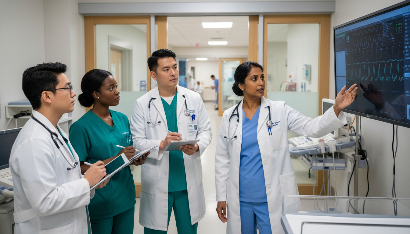 OB GYN physician teaching residents on labor and delivery OB GYN physician teaching residents on labor and delivery - MD graduate residency for Academic vs Private Practice for MD Gra