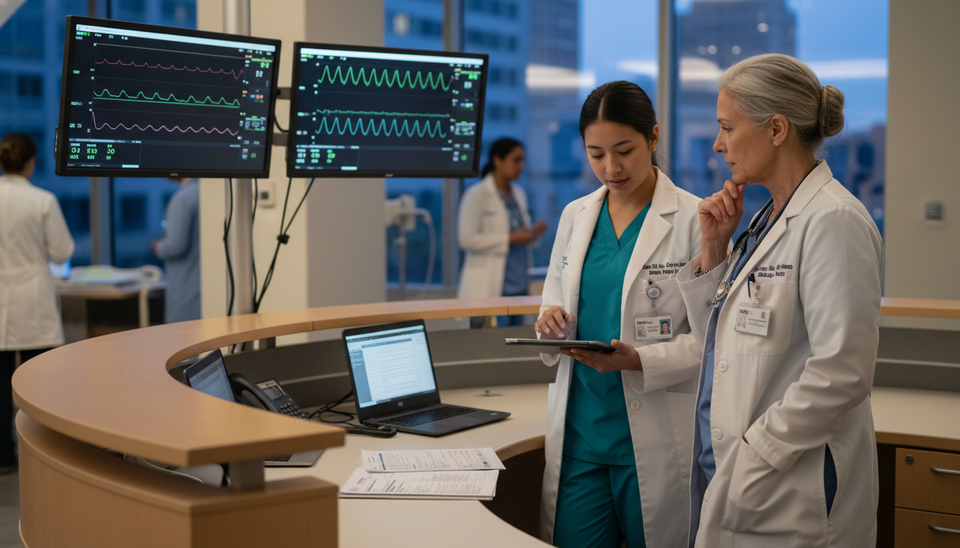 OB GYN resident on labor and delivery unit discussing patient care - MD graduate residency for Common Interview Questions for