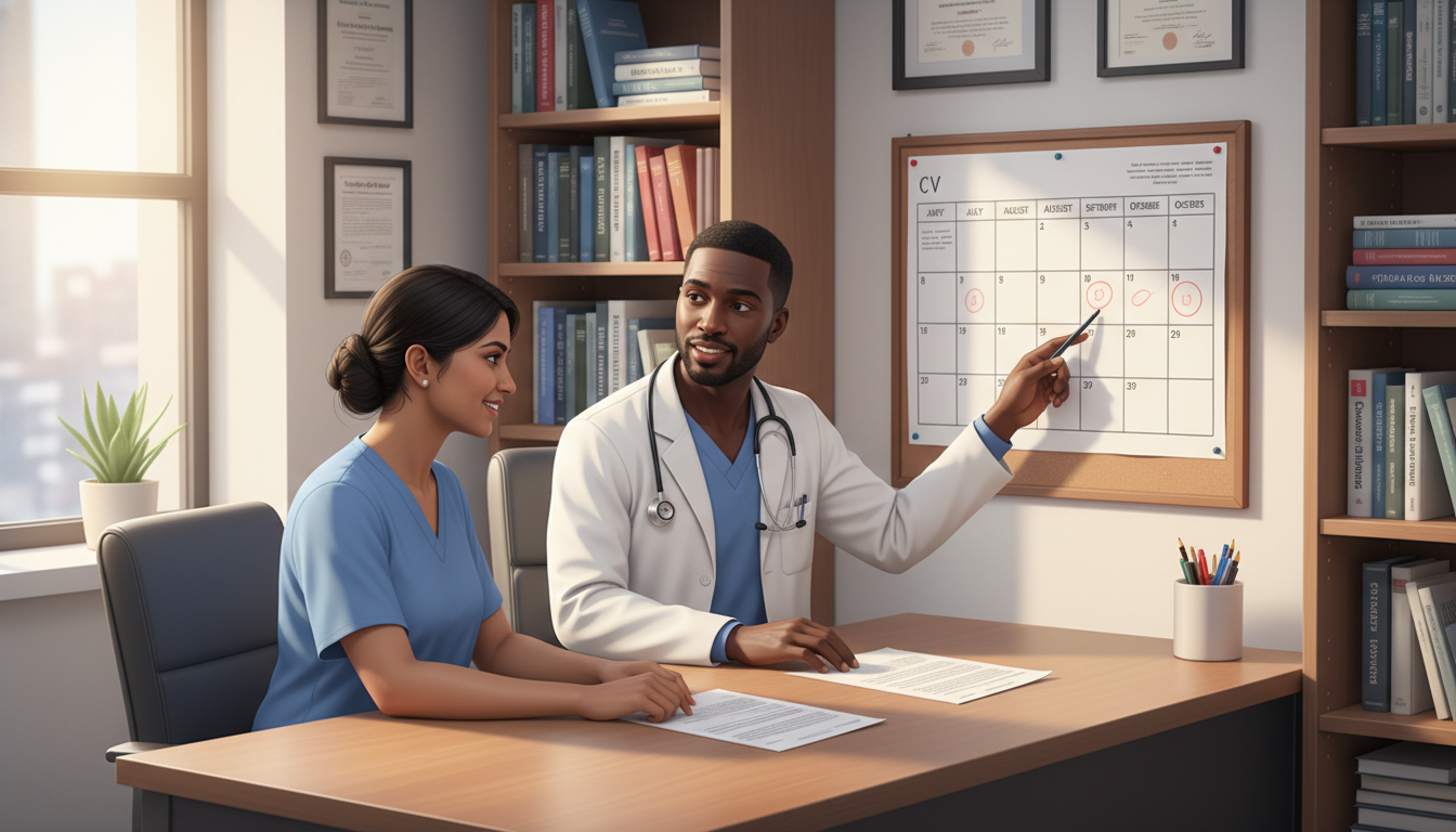 OBGYN resident discussing job timeline with mentor - MD graduate residency for Job Search Timing for MD Graduate in Obstetric