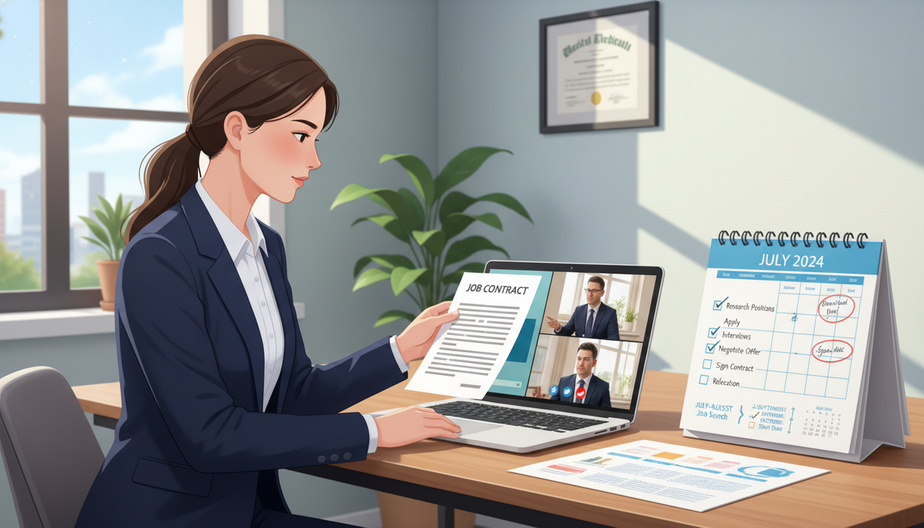 OBGYN physician reviewing job contract and calendar - MD graduate residency for Job Search Timing for MD Graduate in Obstetri