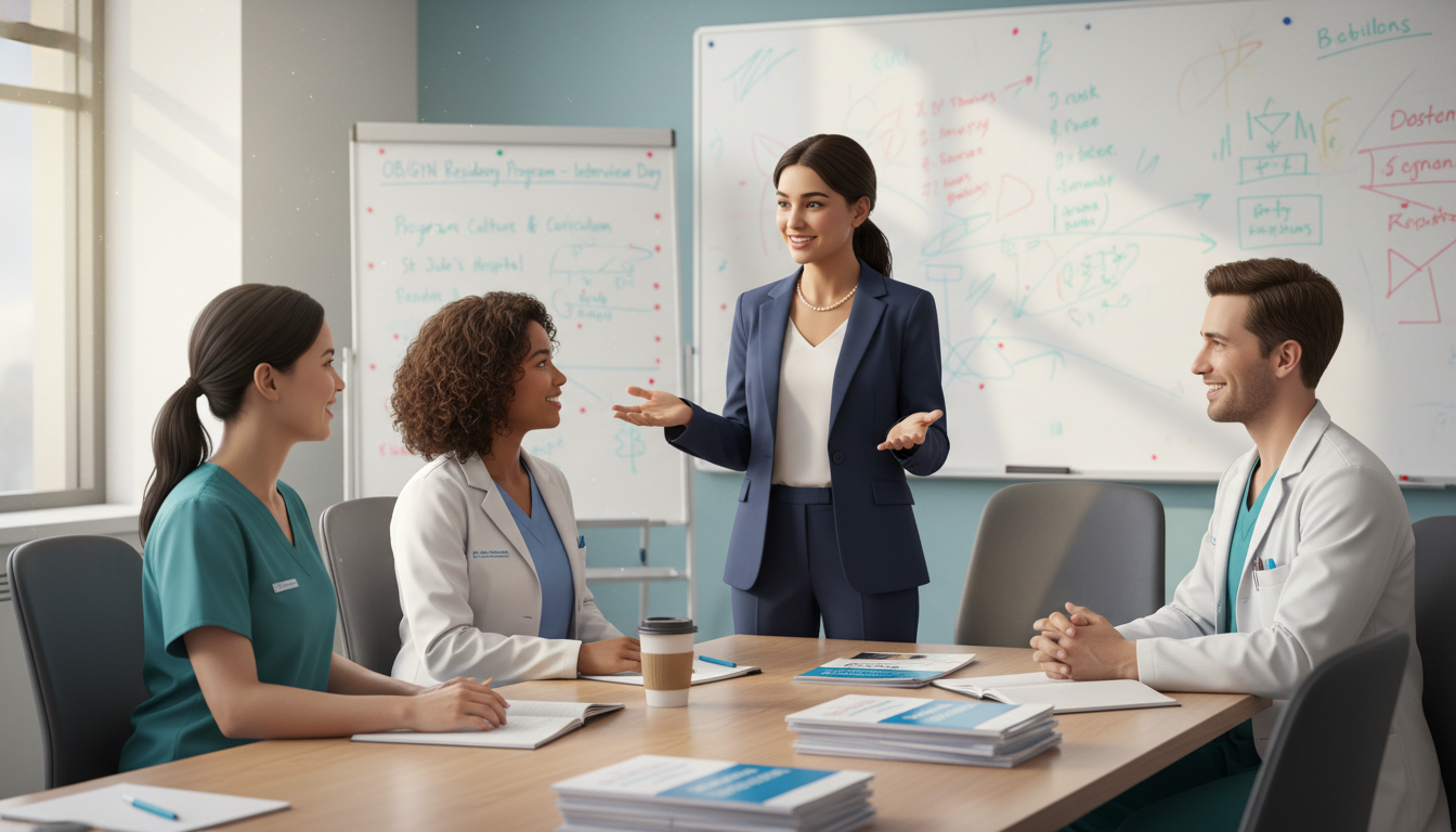 Residency applicant discussing OB GYN program culture during an interview day Residency applicant discussing OB GYN program culture during an interview day - MD graduate residency for Identifying Maligna