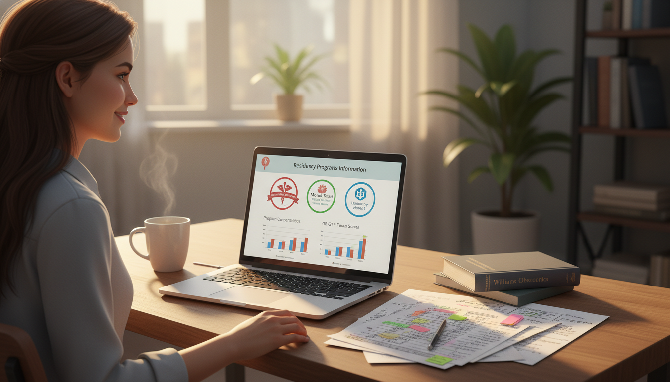 Resident comparing OB GYN residency program data on a laptop and printed materials Resident comparing OB GYN residency program data on a laptop and printed materials - MD graduate residency for How to Researc