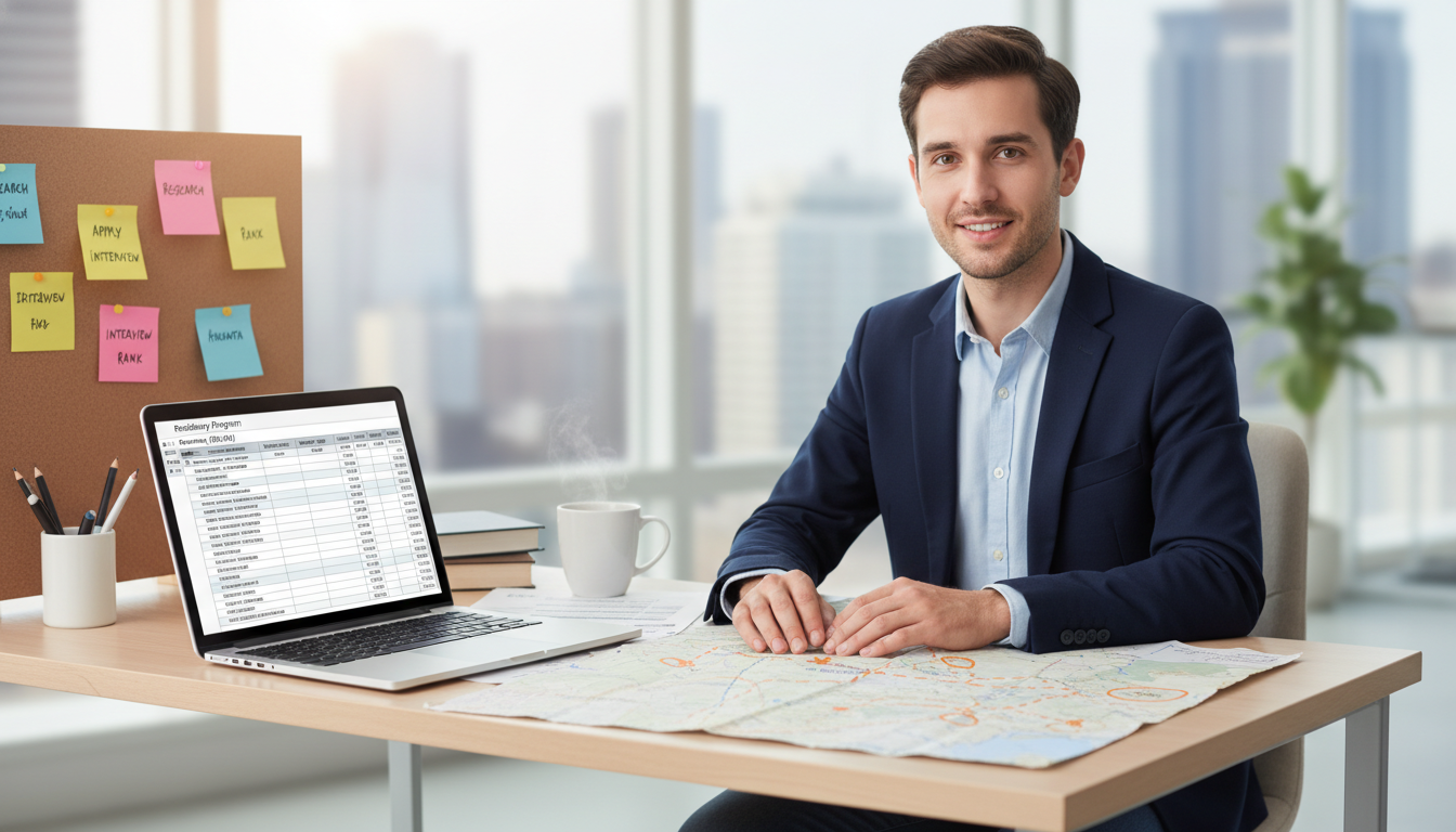 Medical graduate organizing OB GYN residency applications on laptop - MD graduate residency for Program Selection Strategy fo