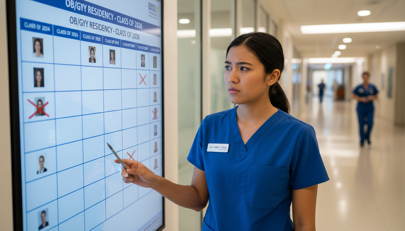 Medical resident looking at residency program's roster board critically Medical resident looking at residency program's roster board critically - MD graduate residency for Resident Turnover Warning