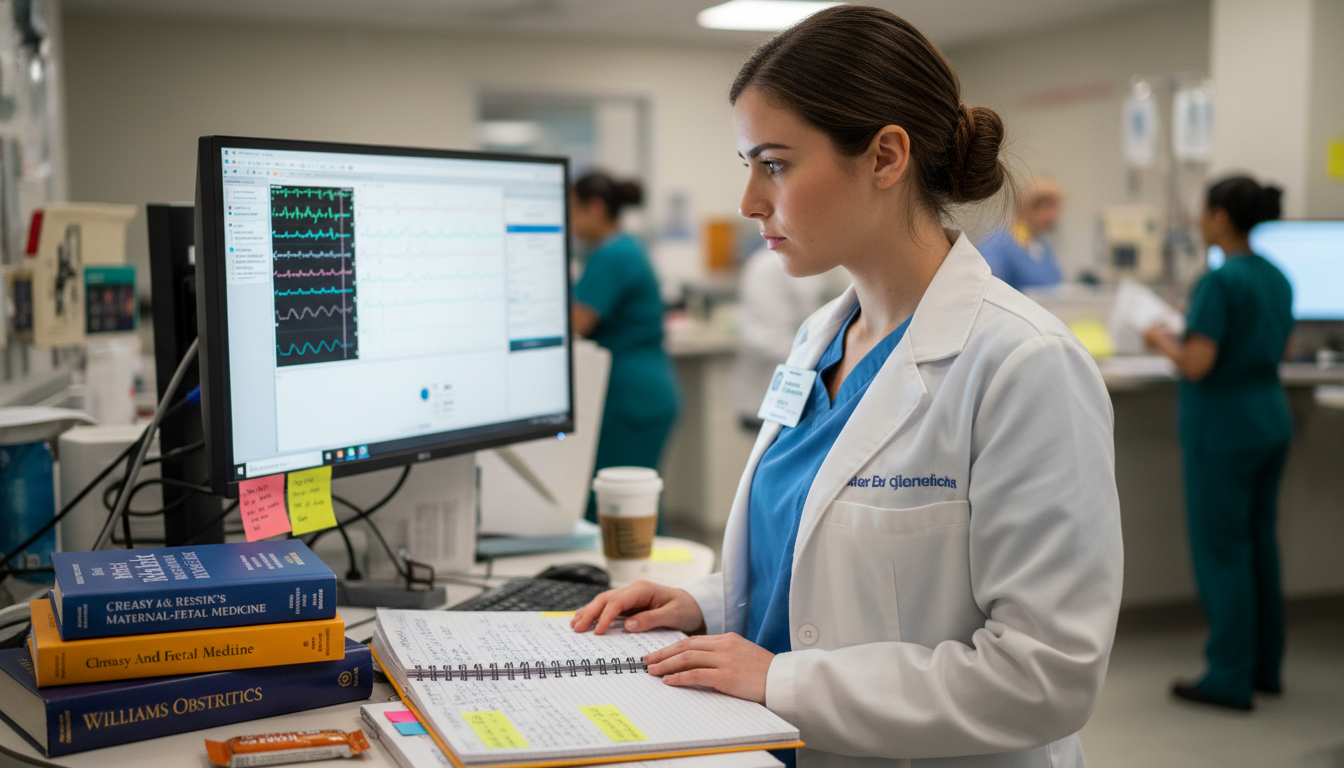 OB GYN resident reviewing fetal monitoring strips and guidelines OB GYN resident reviewing fetal monitoring strips and guidelines - MD graduate residency for USMLE Step 2 CK Preparation for