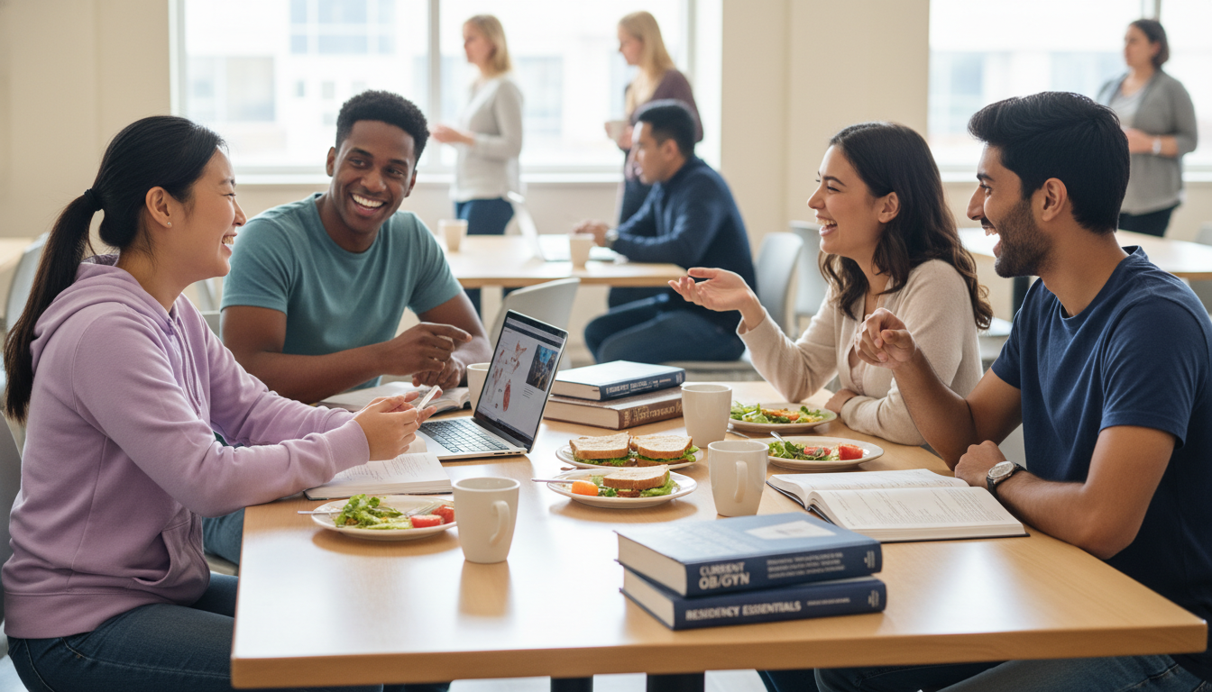 OB GYN Residents Sharing a Meal and Studying Together OB GYN Residents Sharing a Meal and Studying Together - MD graduate residency for Work-Life Balance Assessment for MD Graduat