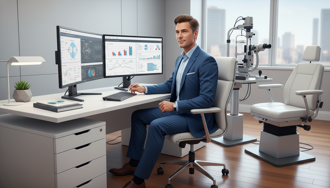 Ophthalmologist in private practice reviewing surgical outcomes and clinic schedule Ophthalmologist in private practice reviewing surgical outcomes and clinic schedule - MD graduate residency for Academic vs P