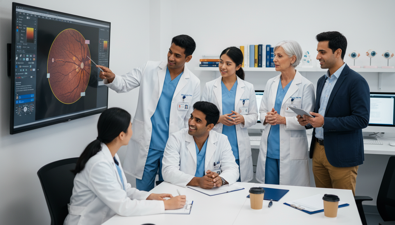 Ophthalmology team discussing patient cases during away rotation Ophthalmology team discussing patient cases during away rotation - MD graduate residency for Away Rotation Strategy for MD Gr