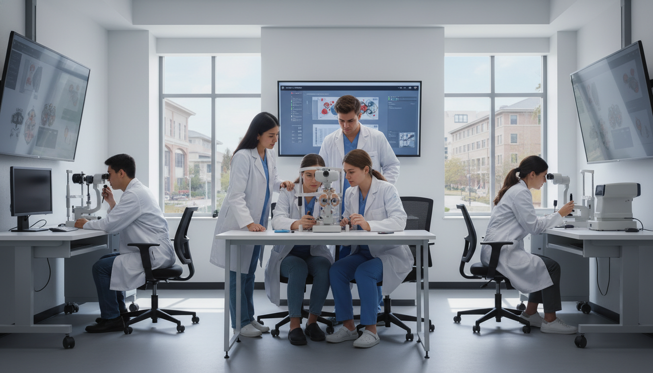 Medical students practicing ophthalmology skills in skills lab Medical students practicing ophthalmology skills in skills lab - MD graduate residency for CV Building for MD Graduate in Oph