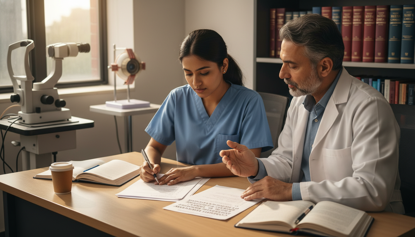 Ophthalmology resident reviewing behavioral interview questions with mentor - MD graduate residency for Common Interview Ques