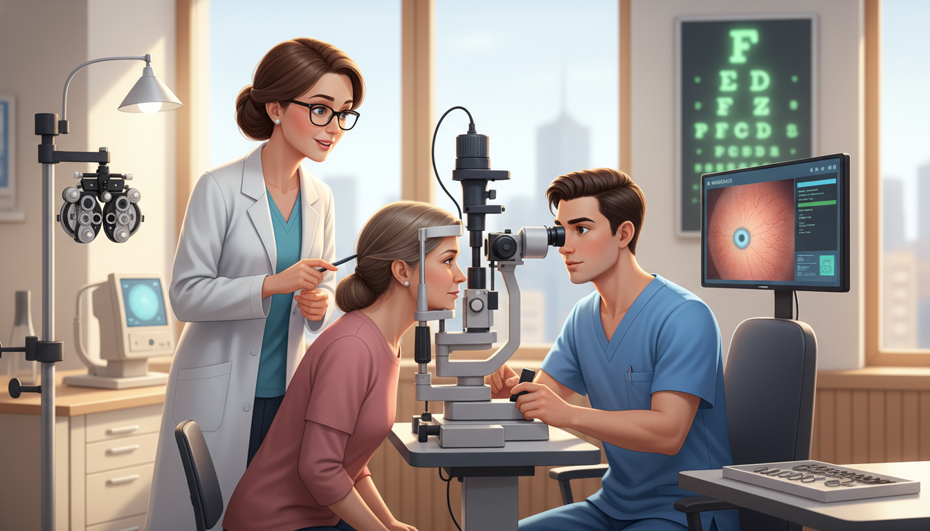 Ophthalmology attending observing a medical student during slit lamp examination Ophthalmology attending observing a medical student during slit lamp examination - MD graduate residency for Letters of Recom