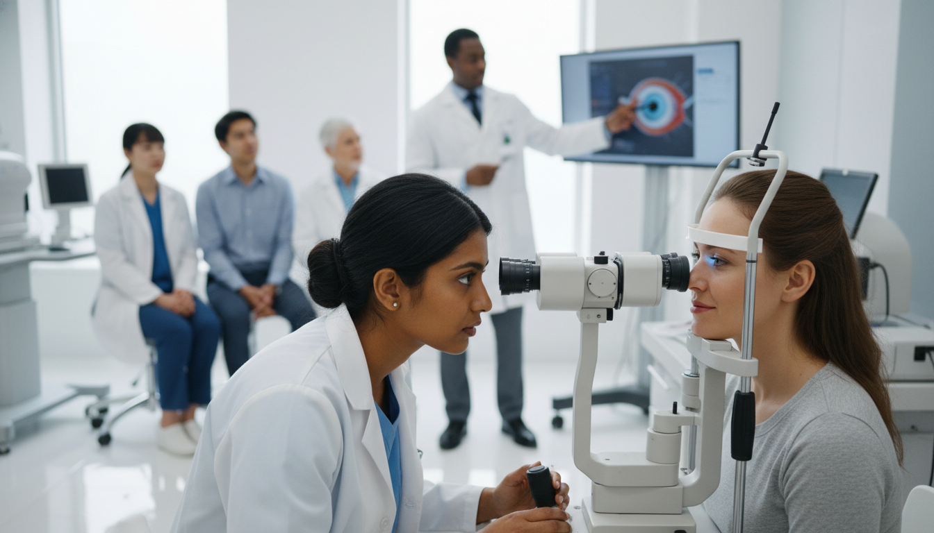 Ophthalmology resident in clinic with slit lamp Ophthalmology resident in clinic with slit lamp - MD graduate residency for How to Research Programs for MD Graduate in Ophth