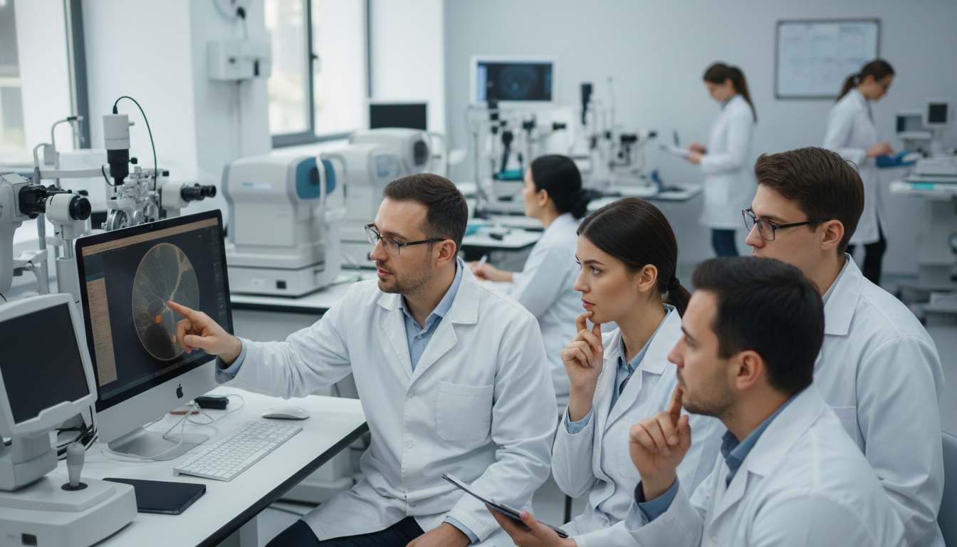 Ophthalmology residents reviewing surgical cases with faculty in clinic - MD graduate residency for Questions to Ask Programs