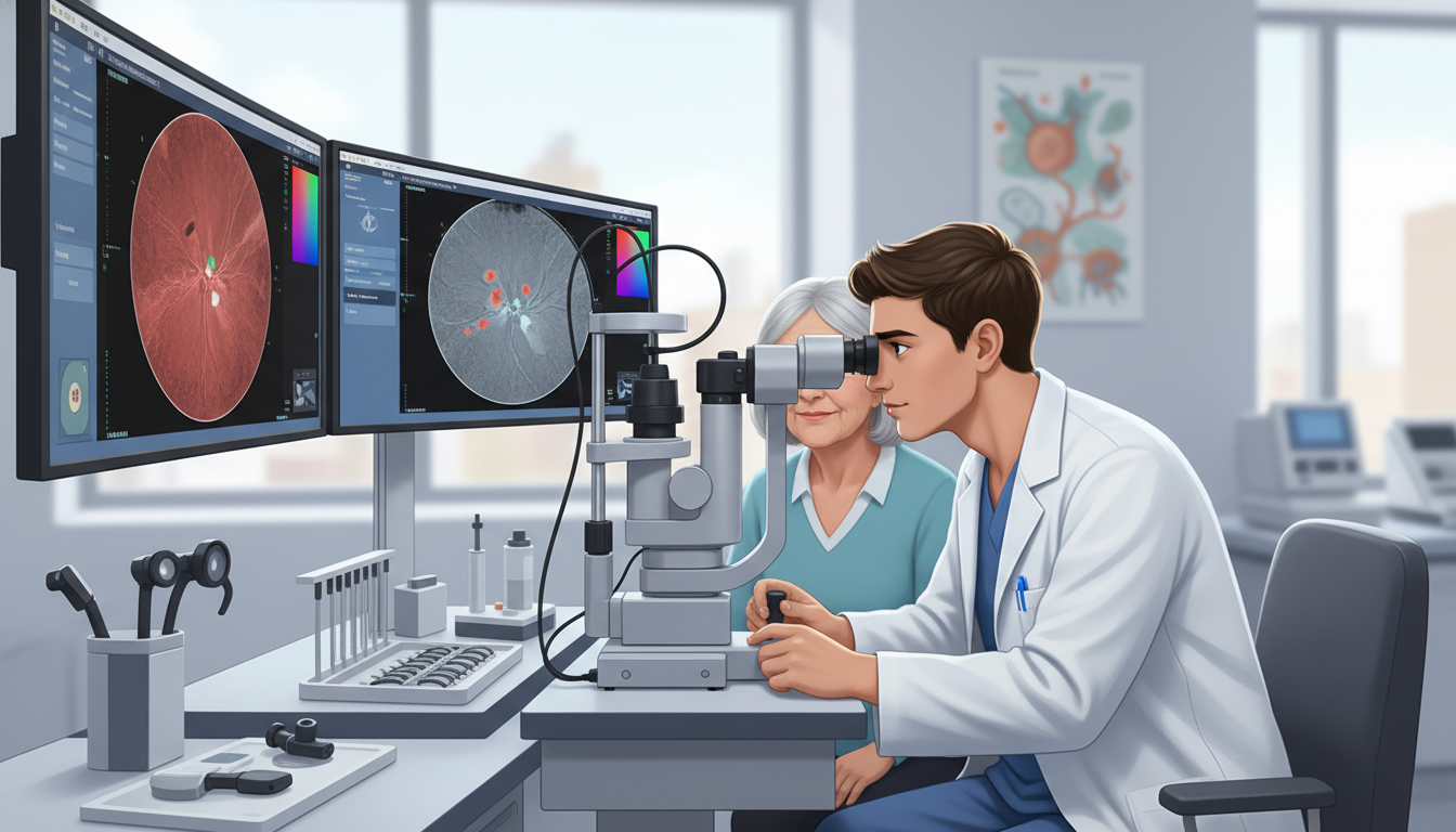 Ophthalmology resident performing slit lamp exam using modern equipment - MD graduate residency for Questions to Ask Programs