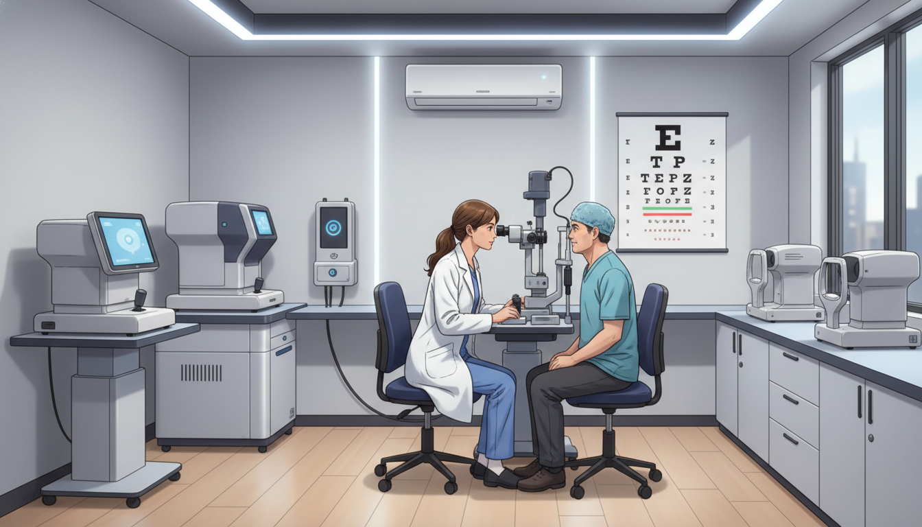 Ophthalmology resident examining a patient at the slit lamp Ophthalmology resident examining a patient at the slit lamp - MD graduate residency for Ultra-Competitive Specialty Strategy