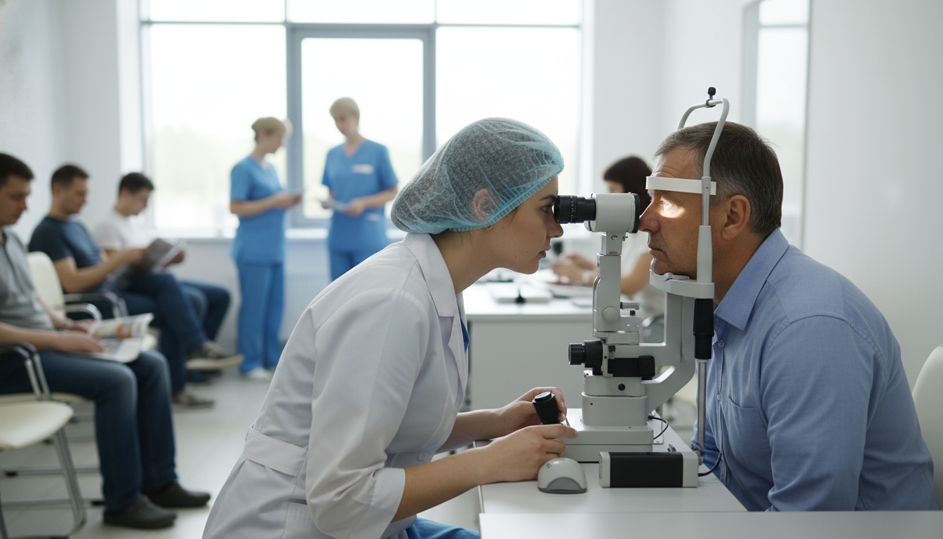 Ophthalmology resident performing slit-lamp exam during clinic hours Ophthalmology resident performing slit-lamp exam during clinic hours - MD graduate residency for Work-Life Balance Assessment