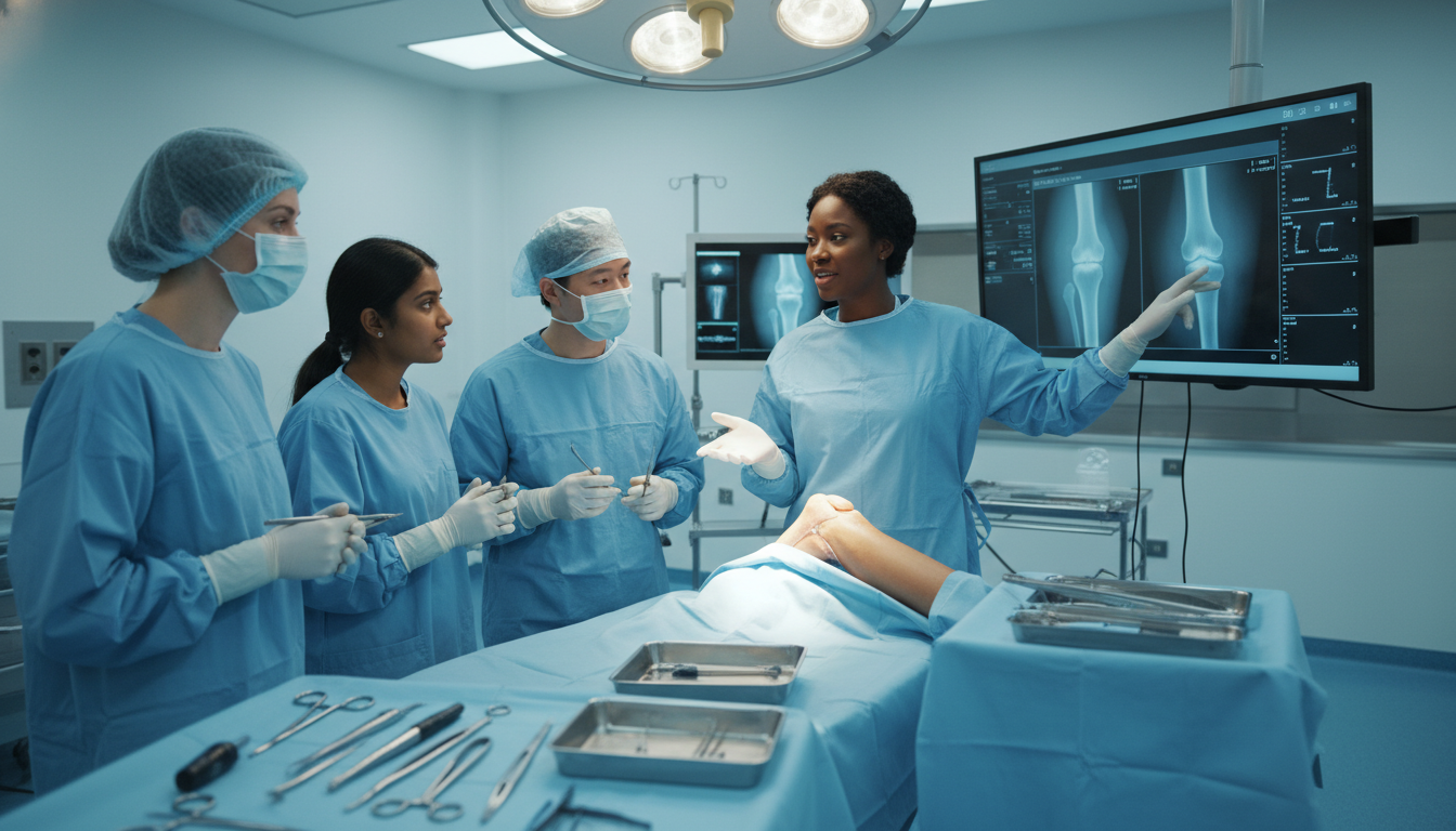 Orthopedic surgery team in operating room teaching a visiting student Orthopedic surgery team in operating room teaching a visiting student - MD graduate residency for Away Rotation Strategy for