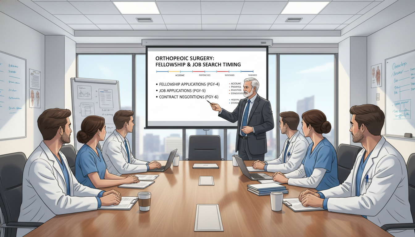 Orthopedic residents reviewing career options with mentor - MD graduate residency for Job Search Timing for MD Graduate in Or