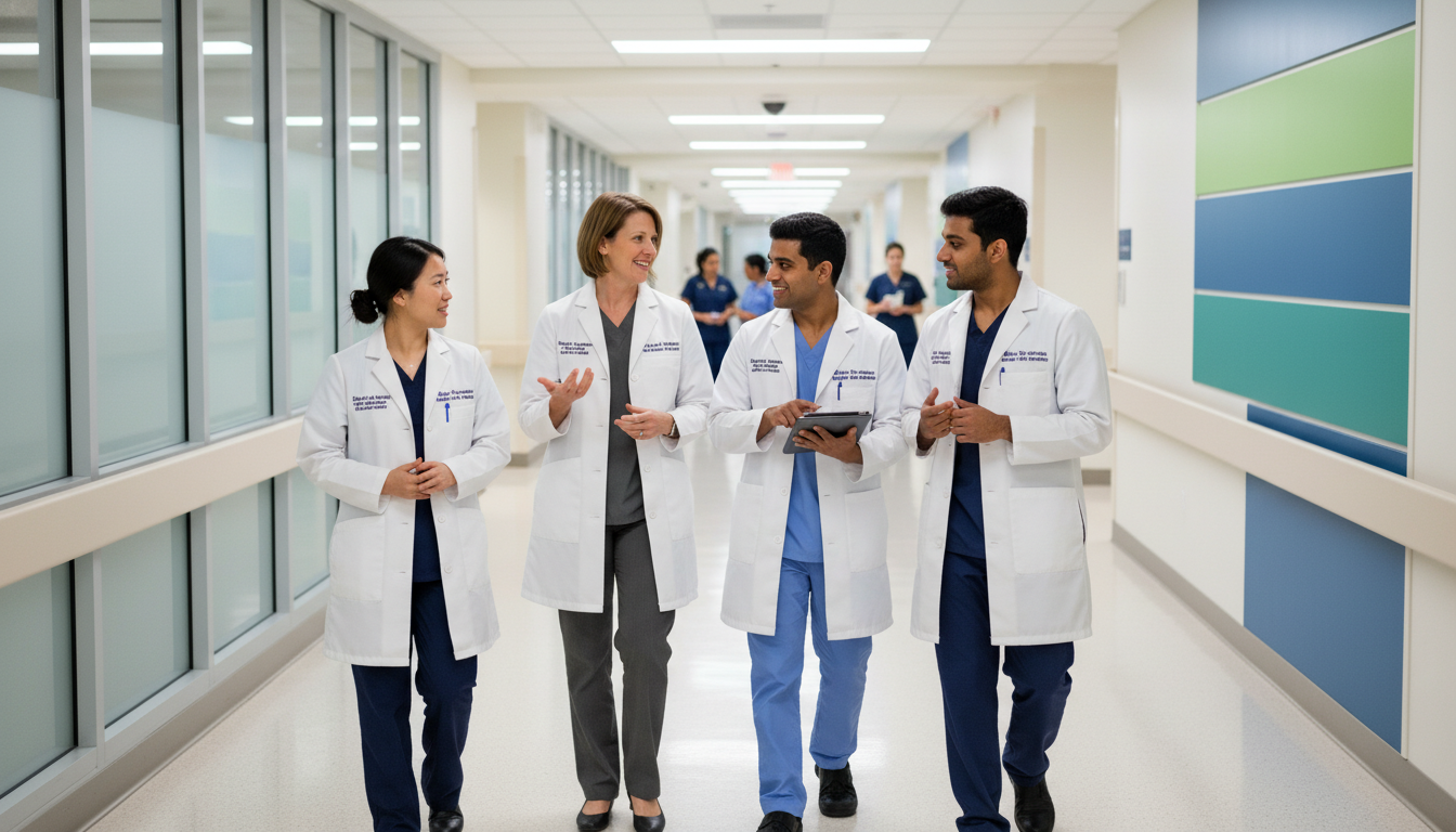 Group of orthopedic surgery residents with program director during tour Group of orthopedic surgery residents with program director during tour - MD graduate residency for Questions to Ask Programs