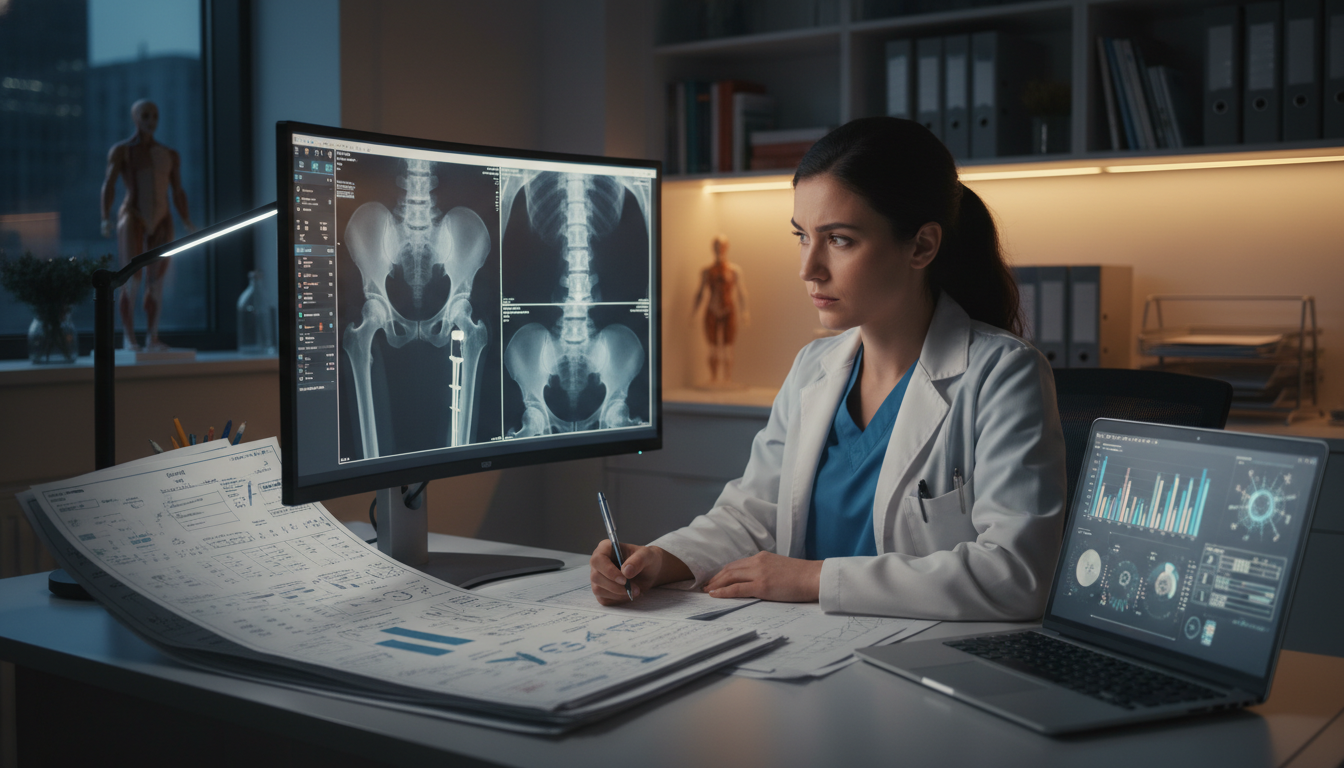 Orthopedic resident reviewing radiographs and research notes - MD graduate residency for Research During Residency for MD Gra