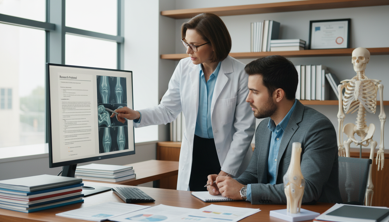 Orthopedic faculty mentoring MD graduate on research project - MD graduate residency for Research Profile Building for MD Gra