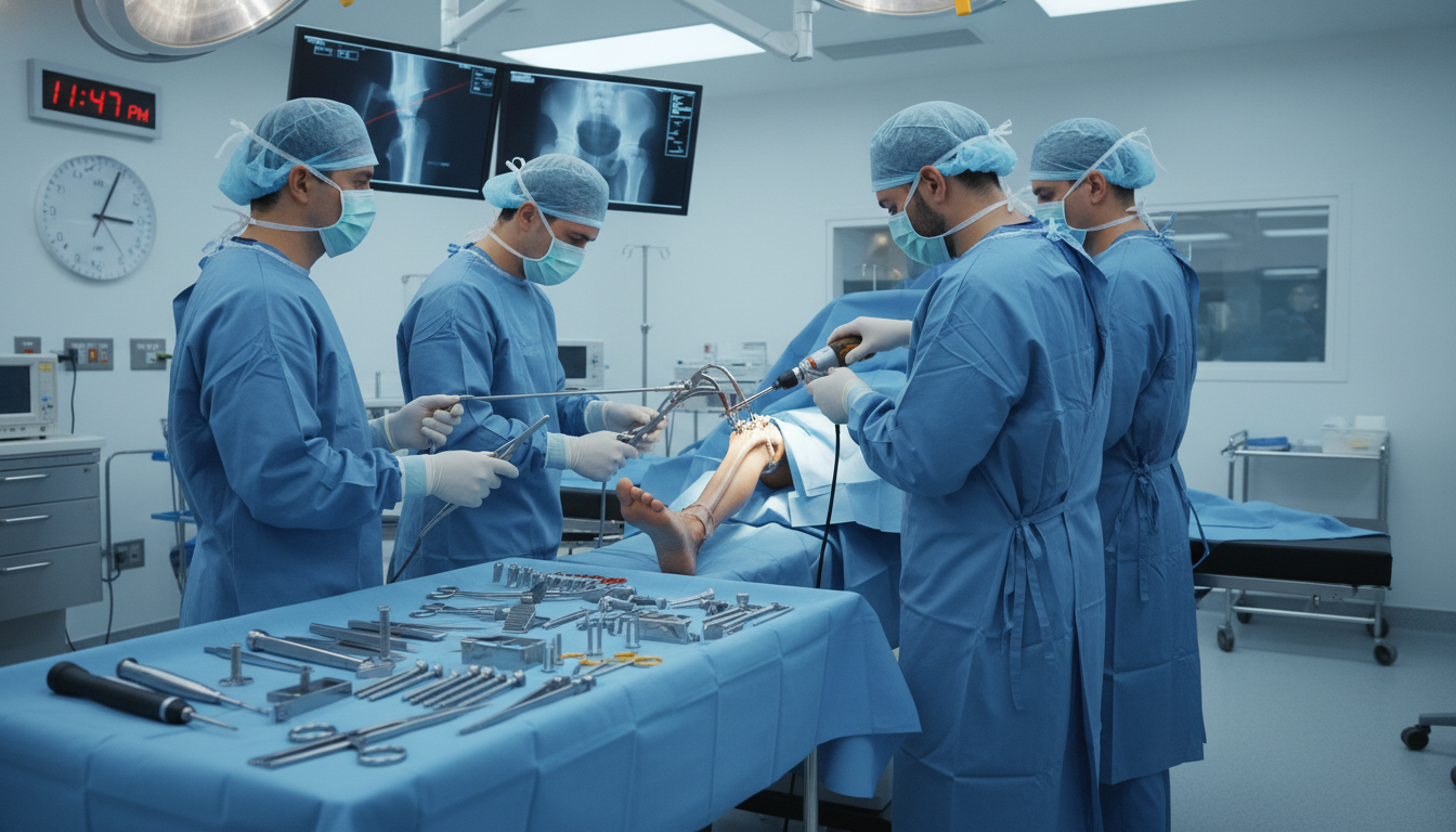 Orthopedic surgery team in operating room during busy trauma call Orthopedic surgery team in operating room during busy trauma call - MD graduate residency for Work-Life Balance Assessment fo