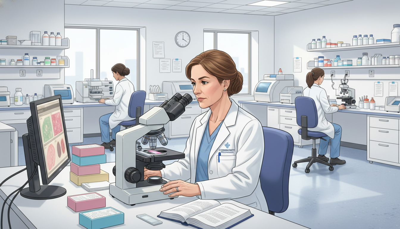 Private practice pathologist reviewing slides in community hospital lab Private practice pathologist reviewing slides in community hospital lab - MD graduate residency for Academic vs Private Pract