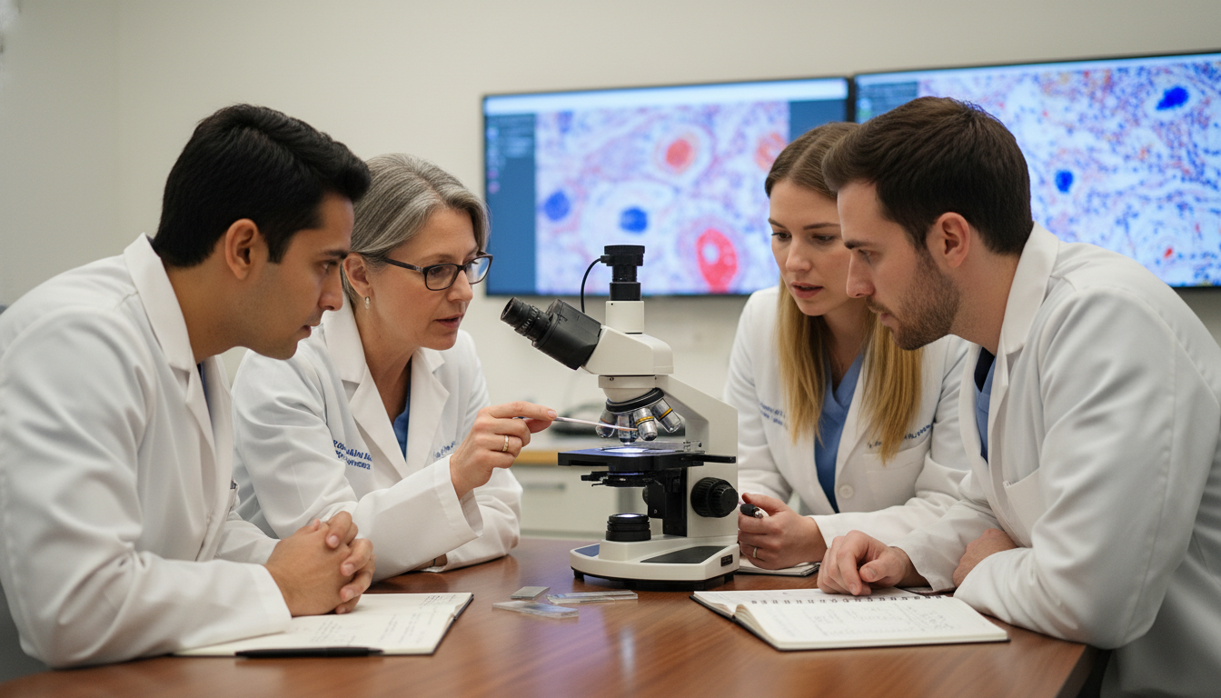 Pathology residents and attending at multi-headed microscope during sign-out Pathology residents and attending at multi-headed microscope during sign-out - MD graduate residency for Away Rotation Strate
