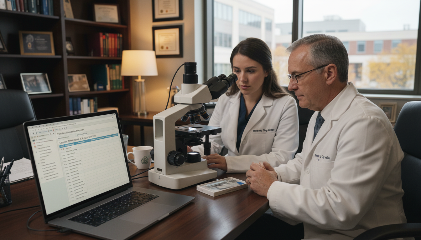 Pathology resident discussing subspecialty fellowship options with mentor - MD graduate residency for Fellowship Preparation