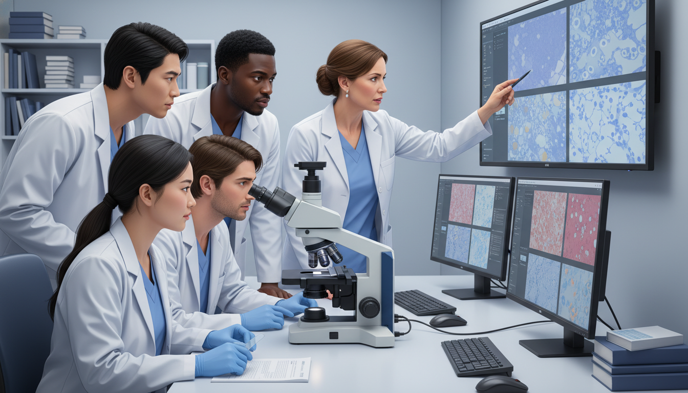 Pathology residents at multiheaded microscope discussing diagnostic case - MD graduate residency for Common Interview Questio