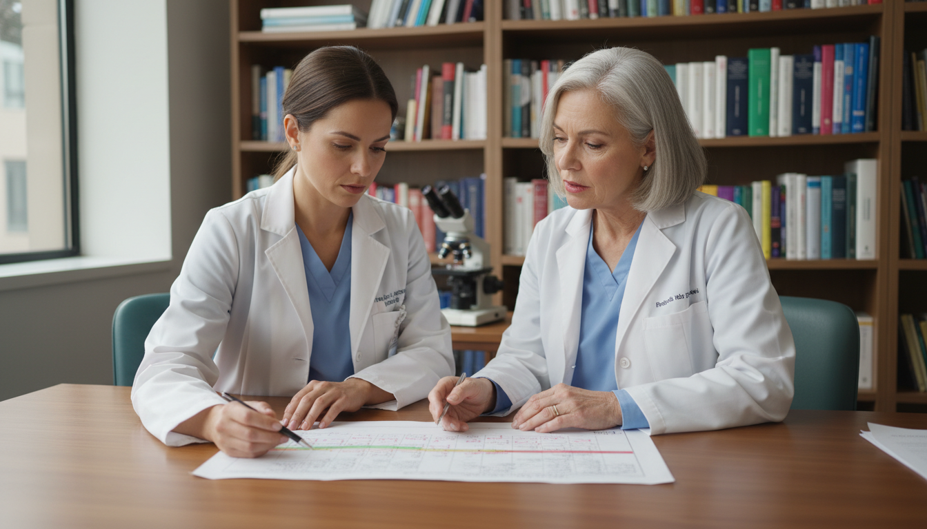 Pathology resident discussing career planning timeline with mentor - MD graduate residency for Job Search Timing for MD Gradu