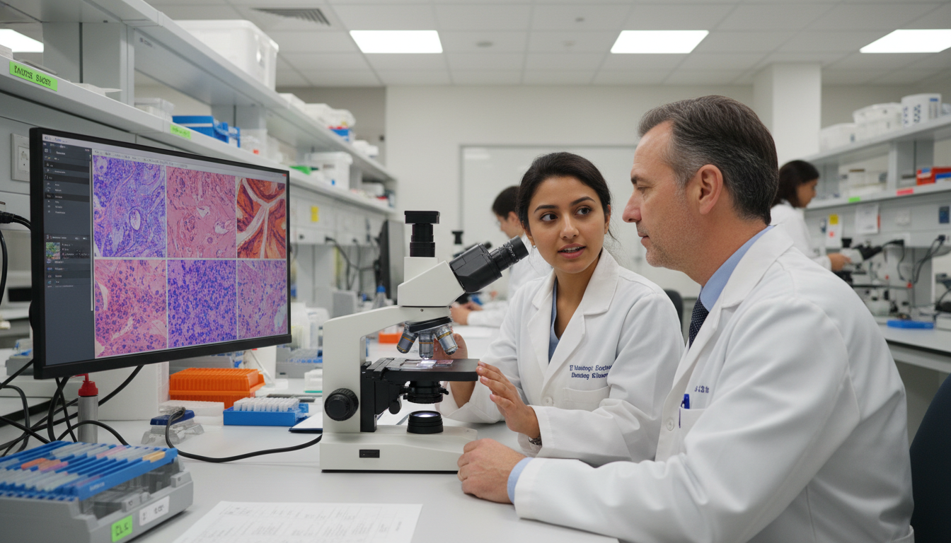 Pathology resident reviewing slides in training - MD graduate residency for Low Step Score Strategies for MD Graduate in Path