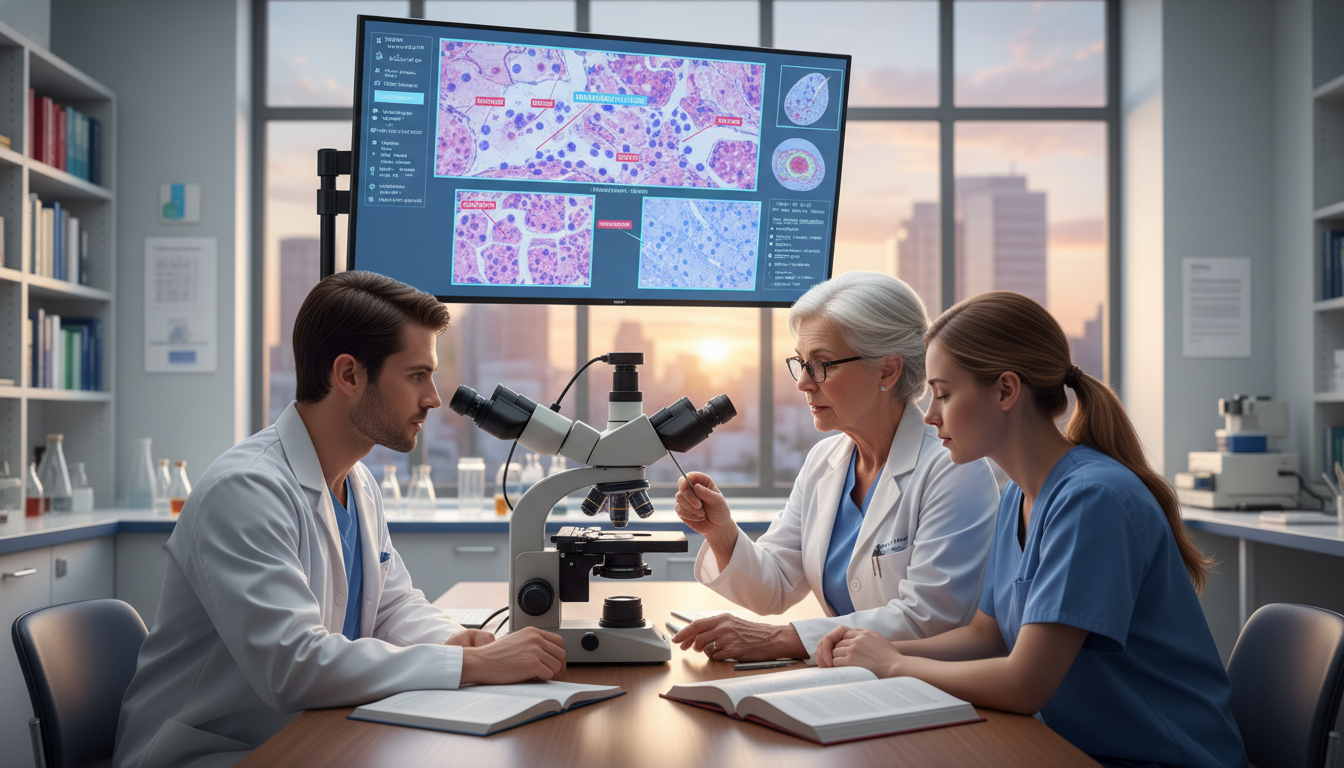 Pathology residents at a microscope in a teaching session Pathology residents at a microscope in a teaching session - MD graduate residency for Identifying Malignant Programs for MD G