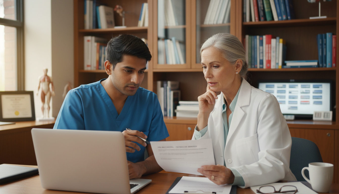 Pathology applicant discussing a complex pre-match communication scenario with a mentor - MD graduate residency for Pre-Match