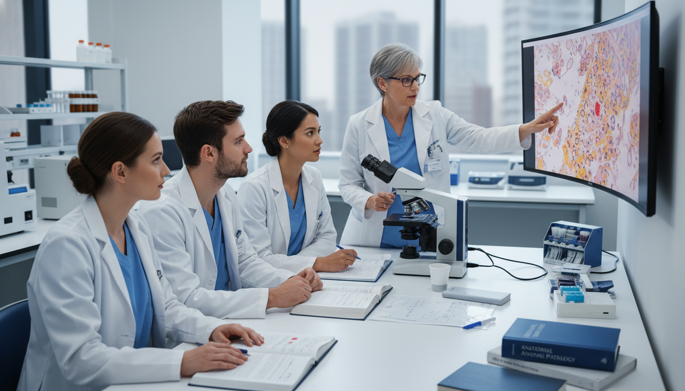 Pathology residents and faculty discussing slides at a multi-headed microscope - MD graduate residency for Program Selection