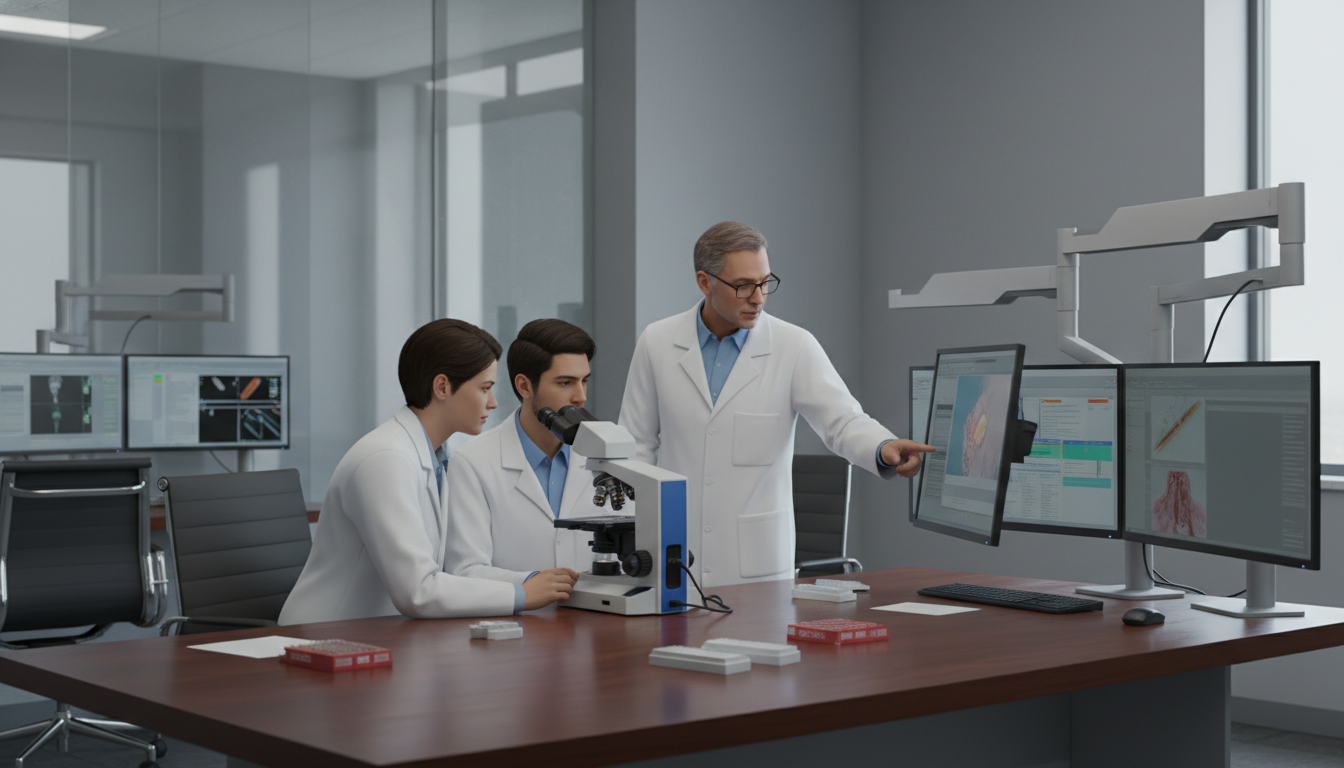 Pathology residents at multiheaded microscope during sign-out - MD graduate residency for Questions to Ask Programs for MD Gr