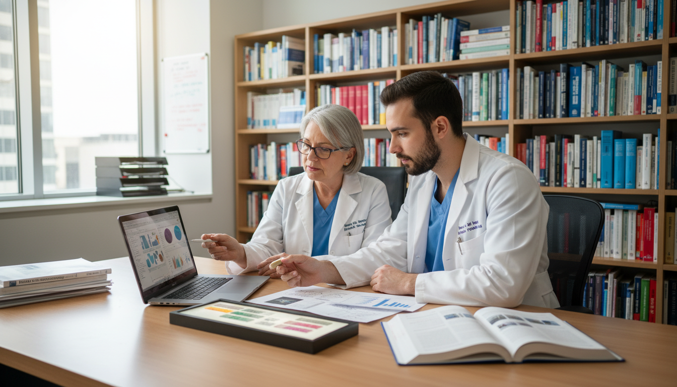 Pathology resident meeting with research mentor in office Pathology resident meeting with research mentor in office - MD graduate residency for Research During Residency for MD Gradua