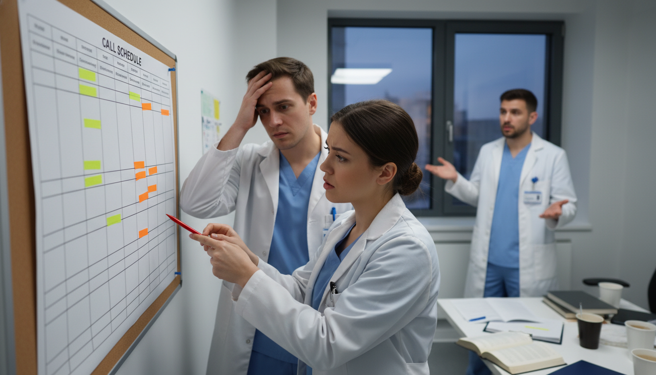 Pathology residents reviewing a call schedule with several gaps Pathology residents reviewing a call schedule with several gaps - MD graduate residency for Resident Turnover Warning Signs f
