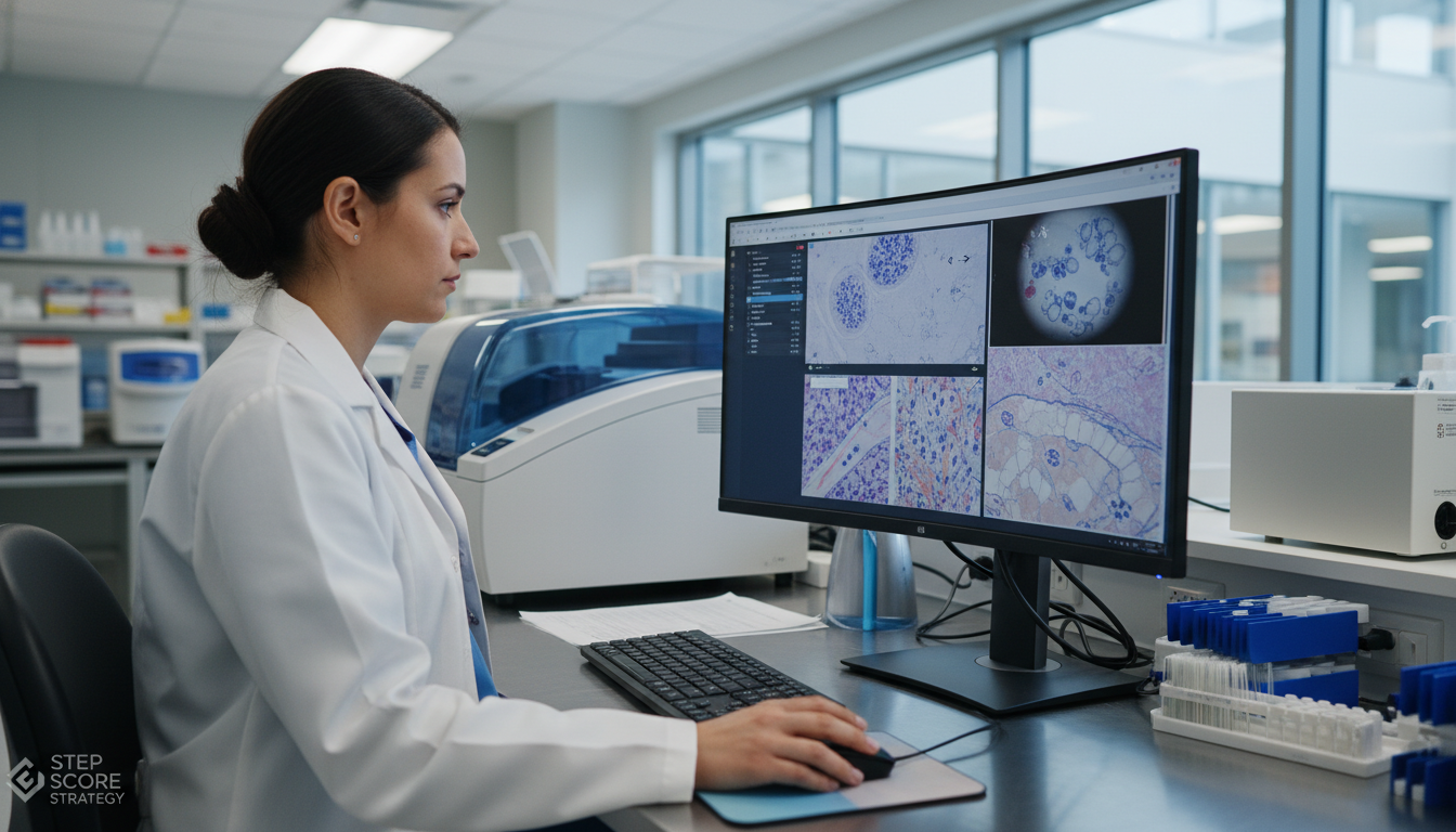 Pathology resident reviewing histology slides - MD graduate residency for Step Score Strategy for MD Graduate in Pathology